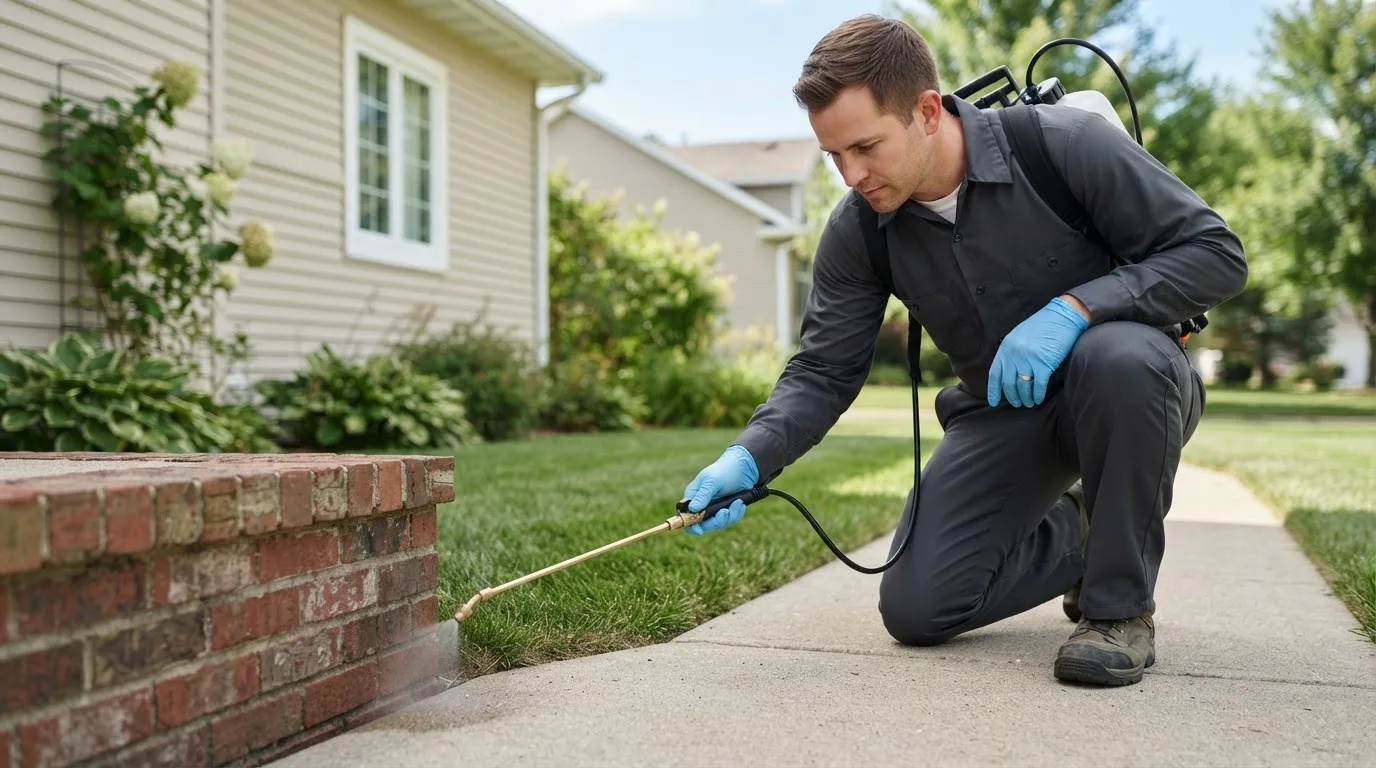 Pest control technician treating a home near Carlock, IL