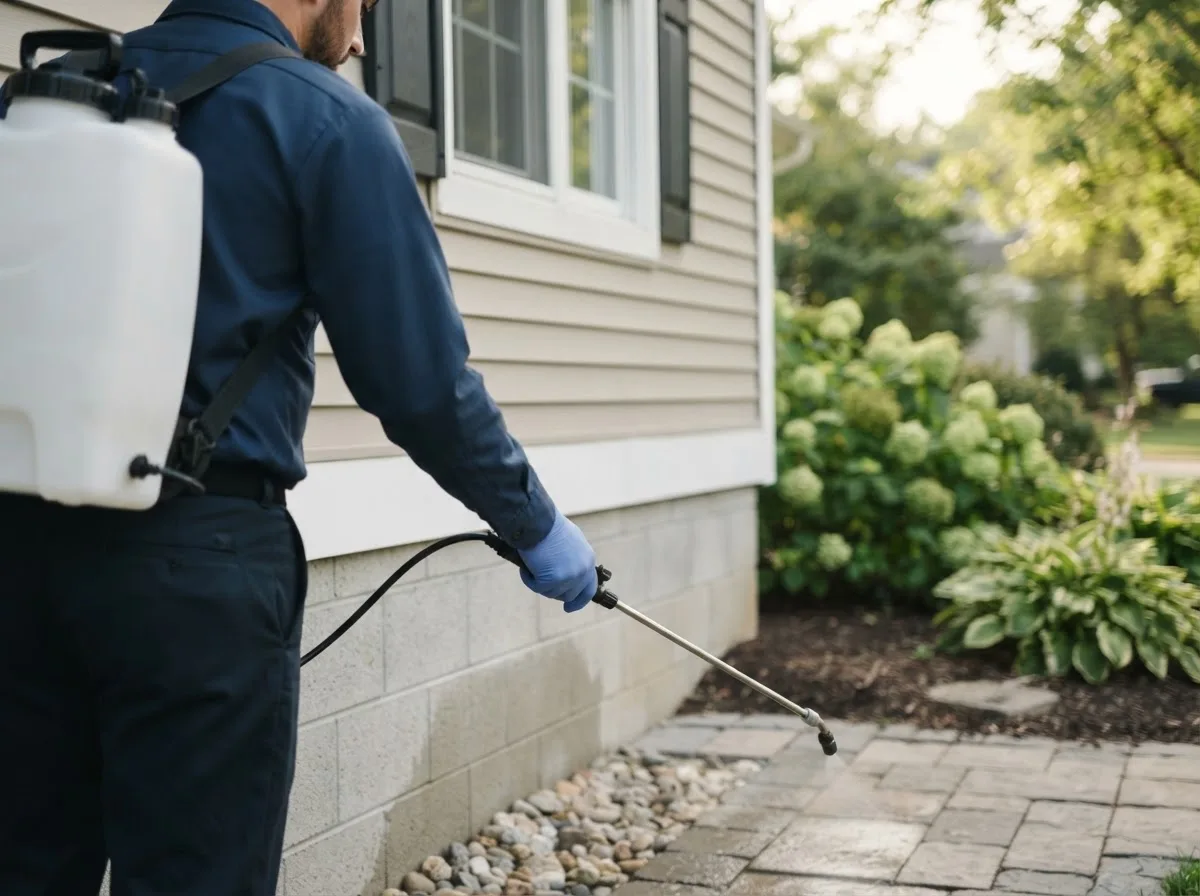 Pest control technician inspecting a home in Carlock, IL
